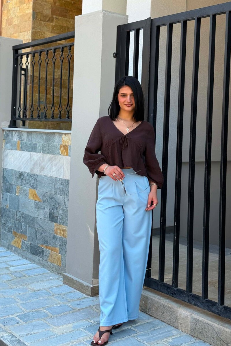 ONE COLOR SEMI ELASTIC WAIST WOMAN TROUSERS LIGHTBLUE/BZ - 2