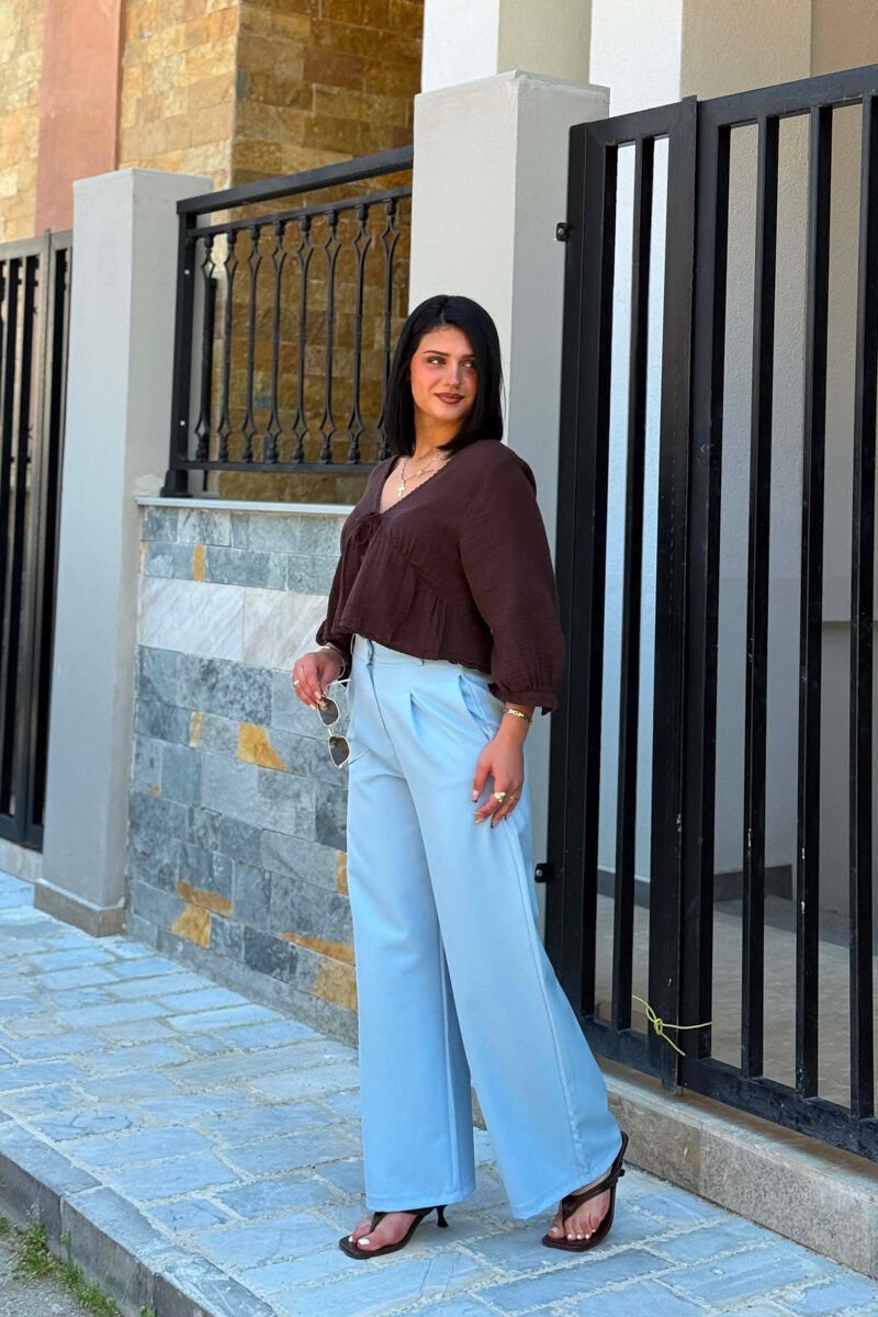 ONE COLOR SEMI ELASTIC WAIST WOMAN TROUSERS LIGHTBLUE/BZ - 3