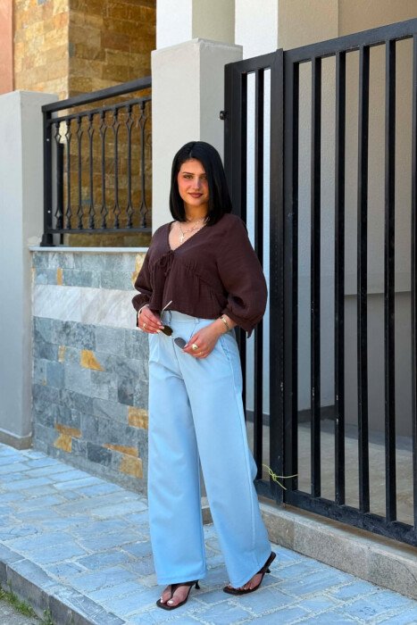 ONE COLOR SEMI ELASTIC WAIST WOMAN TROUSERS LIGHTBLUE/BZ - 4