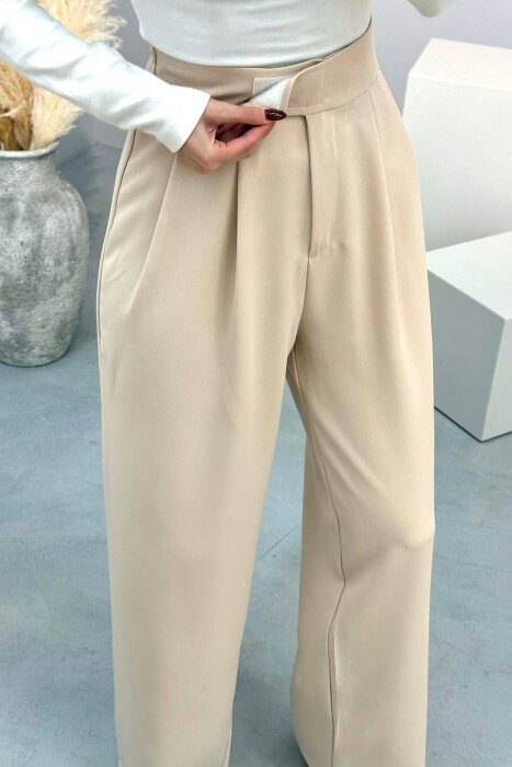 ONE COLOR SEMI ELASTIC WIDE LEG WOMAN TROUSERS BEIGE/BEZHE - 2