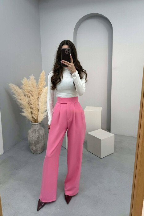 ONE COLOR SEMI ELASTIC WIDE LEG WOMAN TROUSERS PINK/ROZE - 1