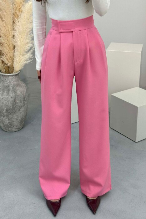 ONE COLOR SEMI ELASTIC WIDE LEG WOMAN TROUSERS PINK/ROZE - 3