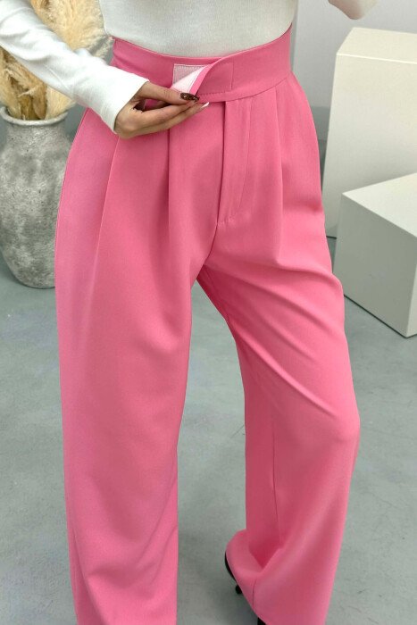 ONE COLOR SEMI ELASTIC WIDE LEG WOMAN TROUSERS PINK/ROZE - 4