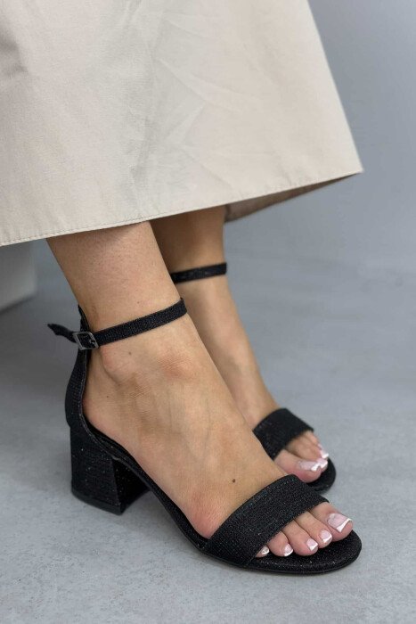 ONE COLOR SEMI HEEL WOMEN SANDALS GLOSSY BLACK-ZEZE SHKELQIM - KLAUDIO FASHION