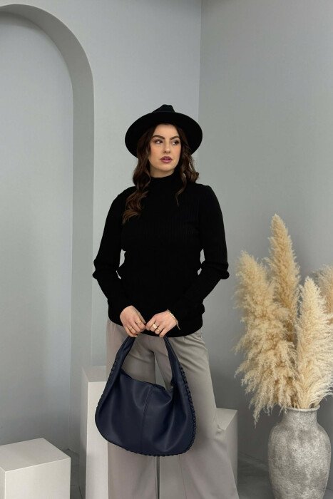 ONE COLOR SEMI NECK WOMEN SWEATER BLACK/ E ZEZE - 5