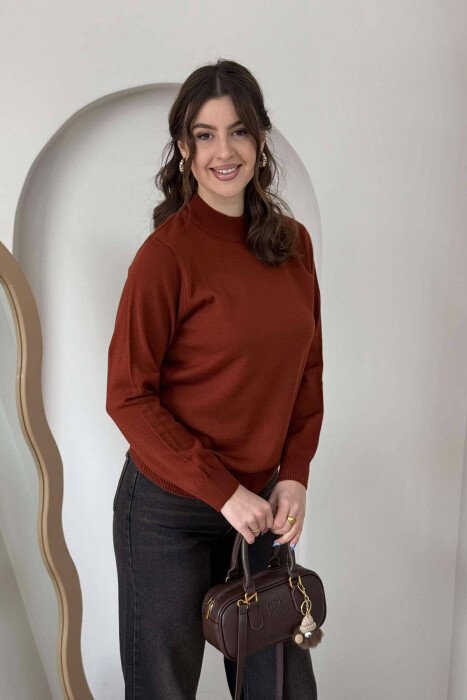 ONE COLOR SEMI NECK WOMEN SWEATER BRICK/TULLE - 2