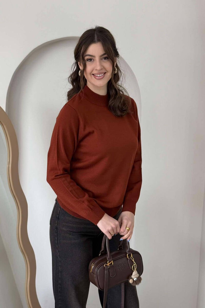 ONE COLOR SEMI NECK WOMEN SWEATER BRICK/TULLE - 2