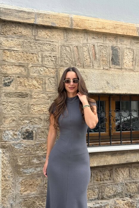 ONE COLOR SEMI NECK SLEEVELESS LONG WOMAN DRESS GREY/GRI - 5