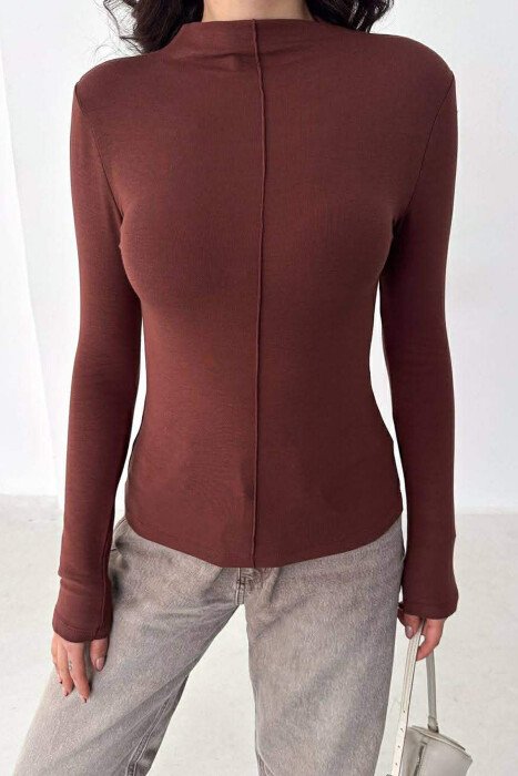 ONE COLOR SEMI NECK WOMAN SWEATSHIRT BROWN/KAFE - 3