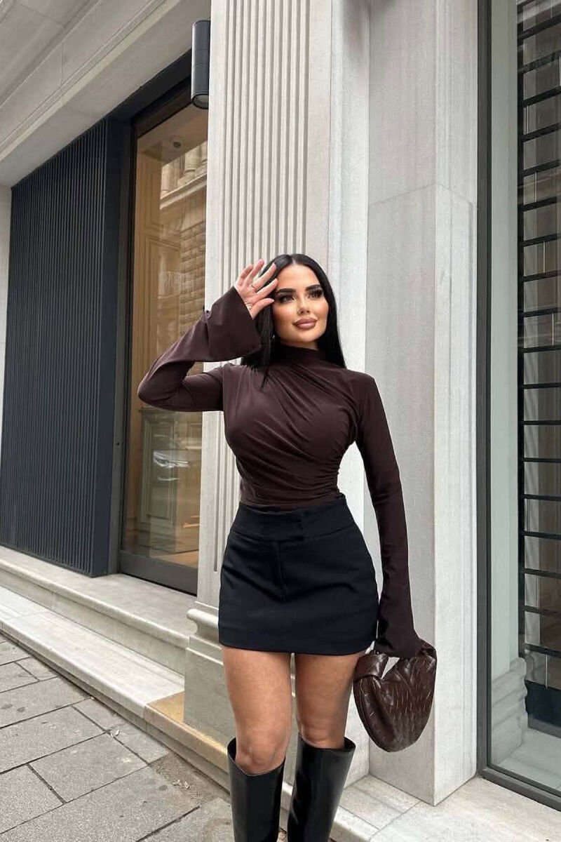 ONE COLOR SEMI NECK WOMEN SWEATSHIRT BROWN/KAFE - 1