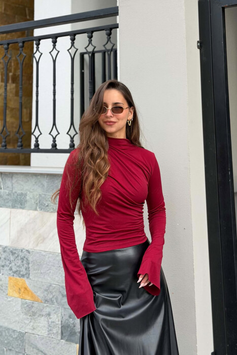 ONE COLOR SEMI NECK WOMEN SWEATSHIRT BURGUNDY/VISHNJE - KLAUDIO FASHION