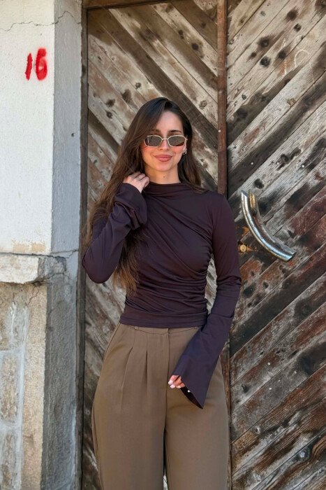 ONE COLOR SEMI NECK WOMEN SWEATSHIRT DARK BROWN/KAE - 3