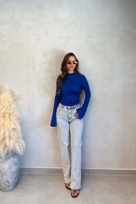 ONE COLOR SEMI NECK WOMEN SWEATSHIRT ELECTRIC BLUE/BLEL - 3