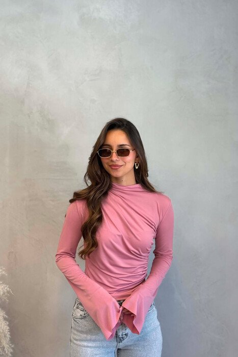 ONE COLOR SEMI NECK WOMEN SWEATSHIRT POWDER/PUDER - KLAUDIO FASHION