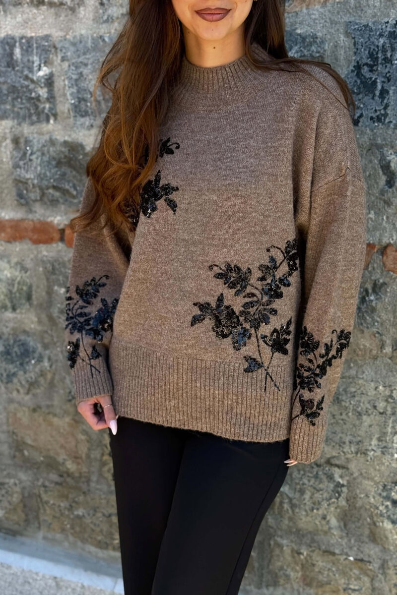 ONE COLOR SEQUIN DETAILS WOMAN SWEATER LIGHT BROWN/KAZB - 3