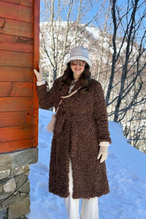 ONE COLOR SHEEP SKIN BELT LONG WOMAN COAT BROWN/KAFE - 5