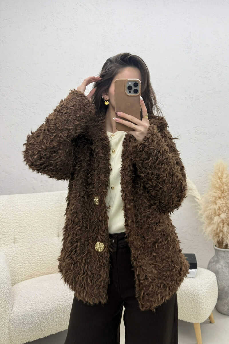ONE COLOR SHEEP SKIN GOLDEN BUTTONS WOMAN COAT BROWN/KAFE - 1