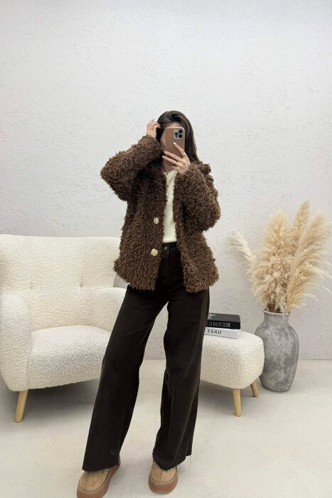 ONE COLOR SHEEP SKIN GOLDEN BUTTONS WOMAN COAT BROWN/KAFE - 4