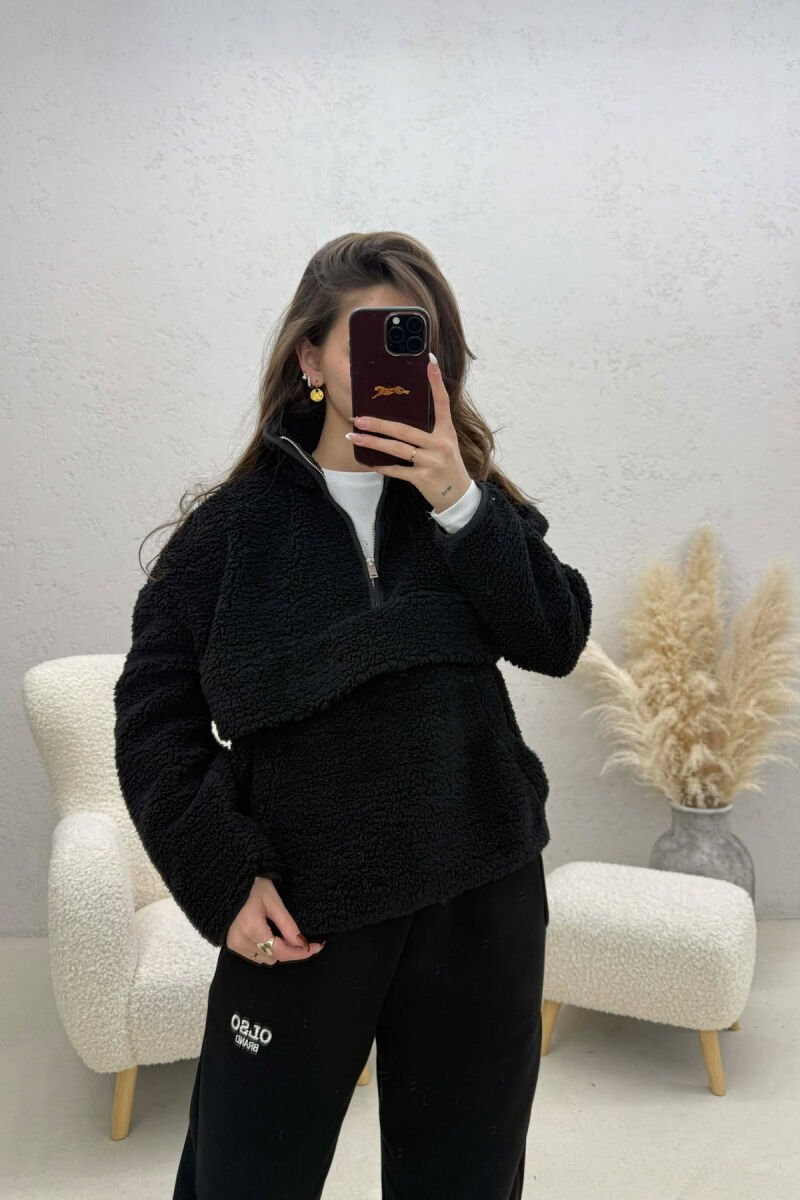 ONE COLOR SHEEP SKIN ZIPPER NECK WOMAN SWEATSHIRT BLACK/ E ZEZE - 1