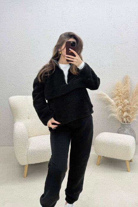 ONE COLOR SHEEP SKIN ZIPPER NECK WOMAN SWEATSHIRT BLACK/ E ZEZE - 2