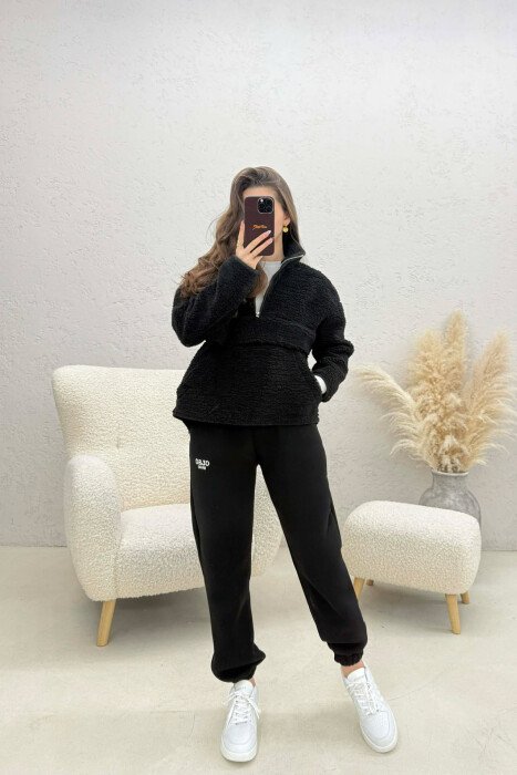 ONE COLOR SHEEP SKIN ZIPPER NECK WOMAN SWEATSHIRT BLACK/ E ZEZE - 4