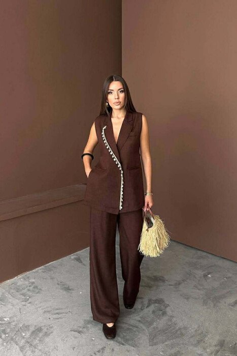 ONE COLOR SHELL DETAILS SIDE OPEN VEST+TROUSERS WOMAN SET DARK BROWN/KAE - 