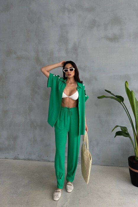 SET NJE NGJYRESH KEMISHE+ PANTALLONA PER FEMRA NE NGJYRE JESHILE - KLAUDIO FASHION