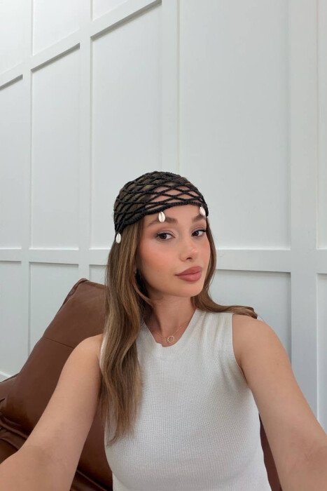 ONE COLOR SHELL DETAILS WOMAN CROCHET HAT DARK BROWN/KAE - KLAUDIO FASHION