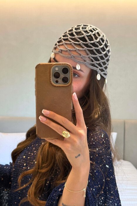 ONE COLOR SHELL DETAILS WOMAN CROCHET HAT GREY/GRI - KLAUDIO FASHION