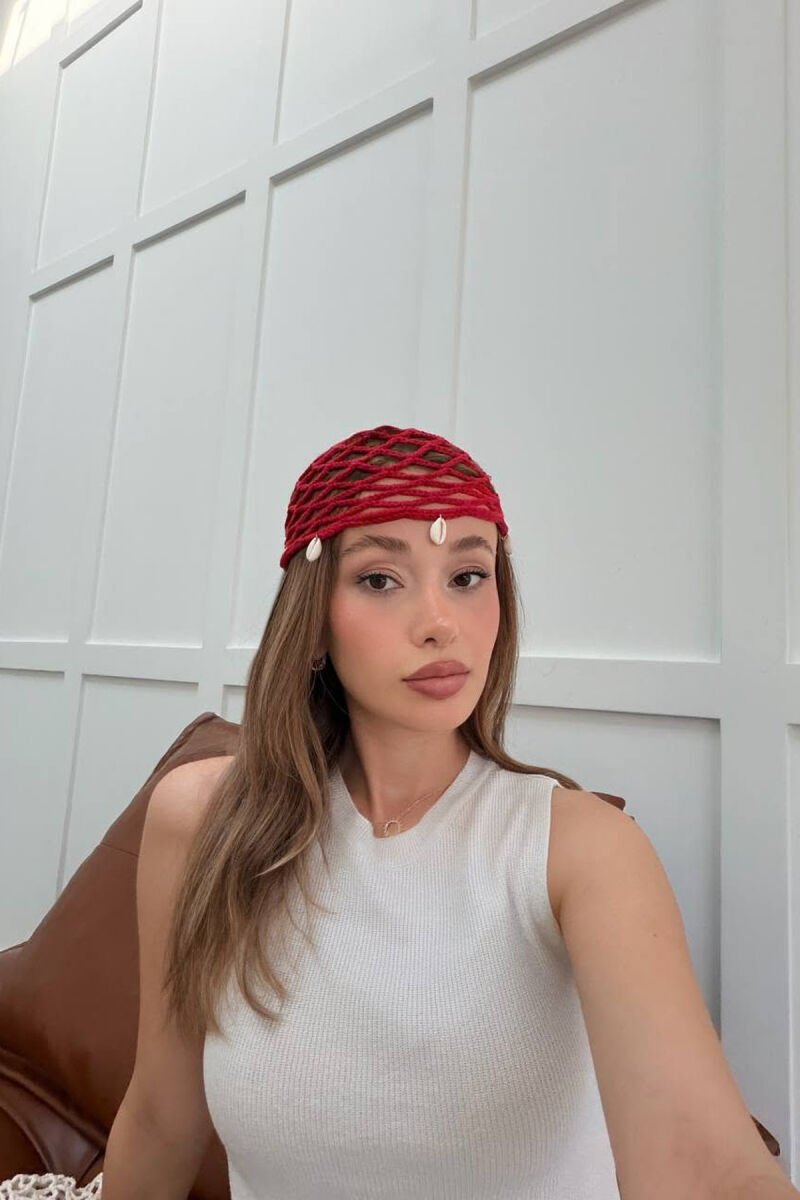 ONE COLOR SHELL DETAILS WOMAN CROCHET HAT RED/E KUQE - 1