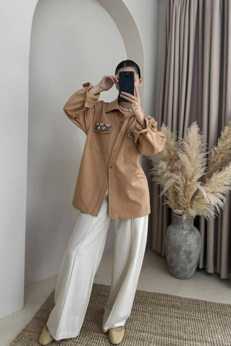 ONE COLOR SHELL DETAILS WOMEN SHIRT LIGHT BROWN/KAZB - 1