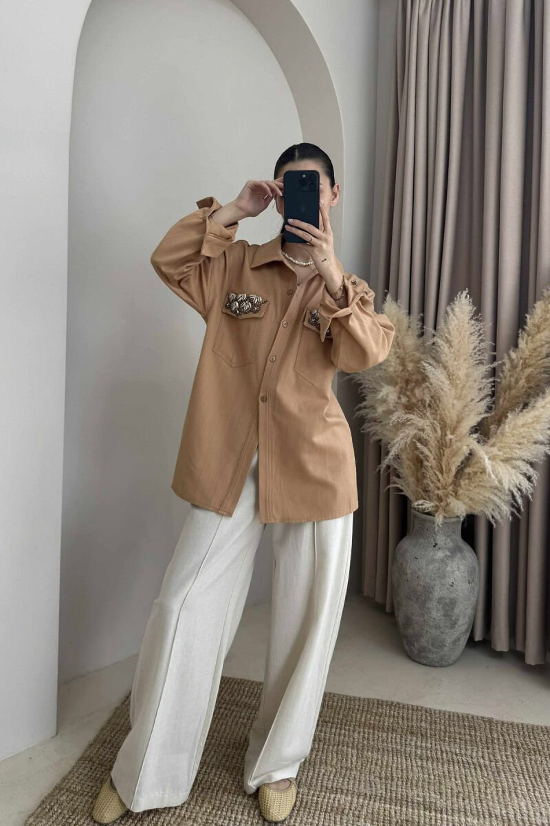 ONE COLOR SHELL DETAILS WOMEN SHIRT LIGHT BROWN/KAZB - 1