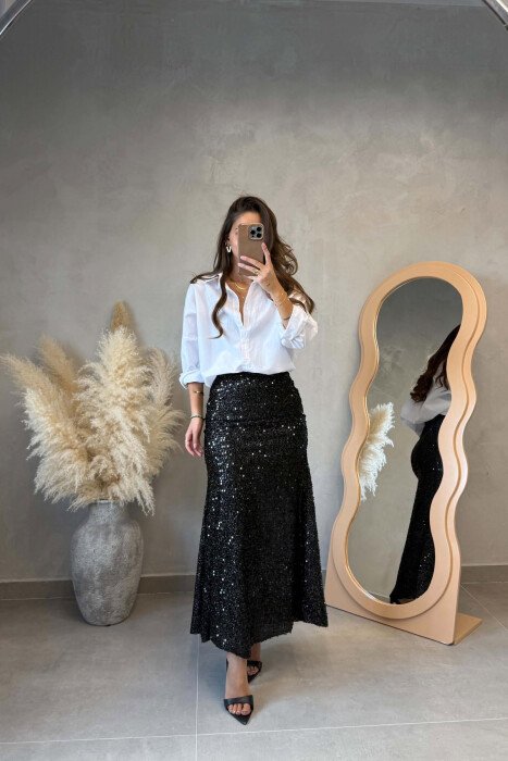 ONE COLOR SHINNY LONG WOMEN SKIRT BLACK/ E ZEZE - 1