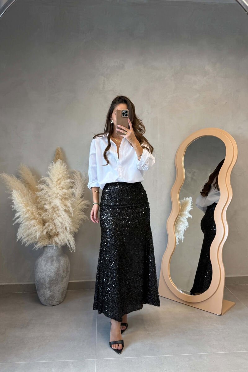 ONE COLOR SHINNY LONG WOMEN SKIRT BLACK/ E ZEZE - 1