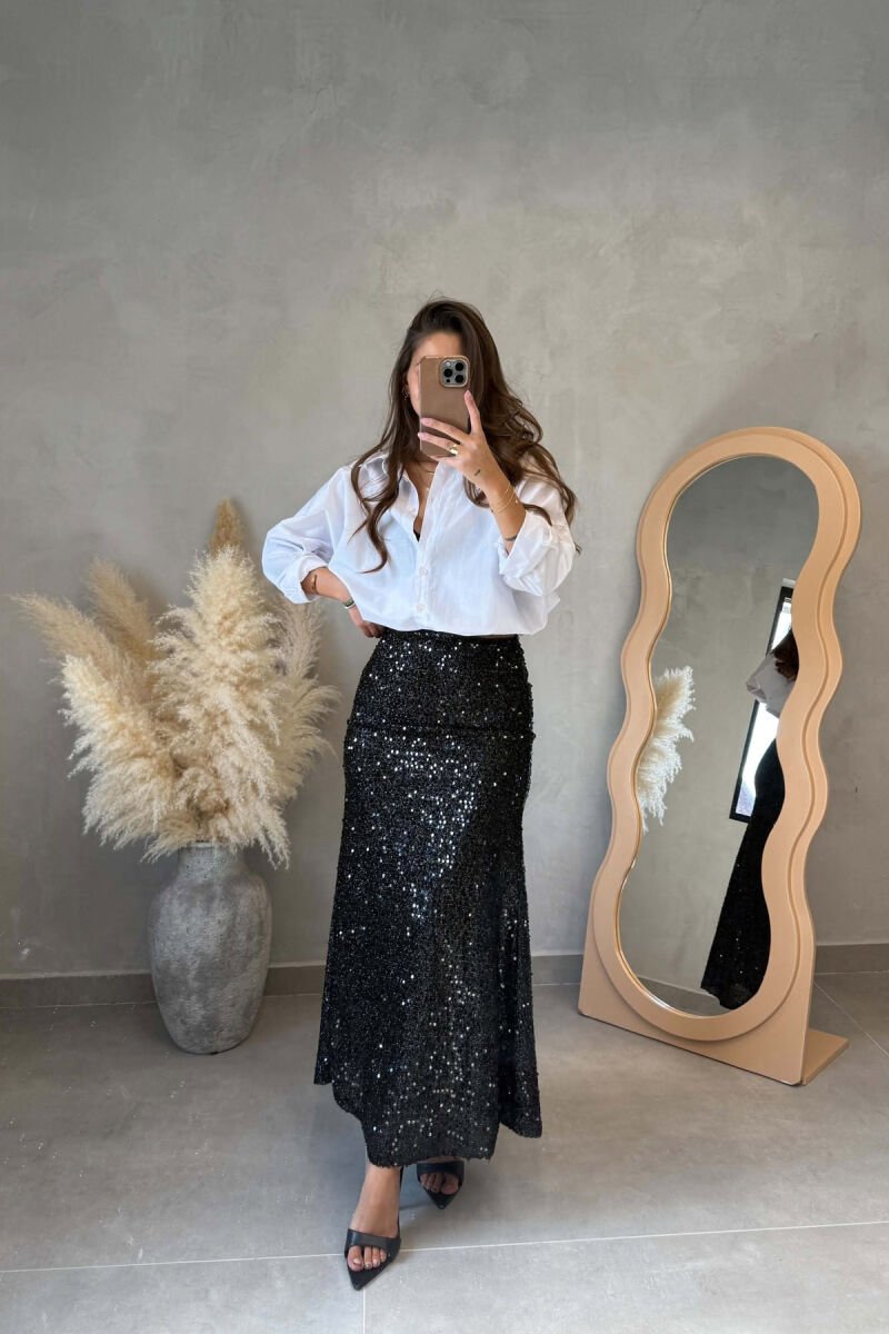 ONE COLOR SHINNY LONG WOMEN SKIRT BLACK/ E ZEZE - 2