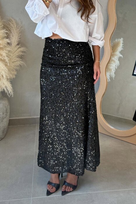 ONE COLOR SHINNY LONG WOMEN SKIRT BLACK/ E ZEZE - 4