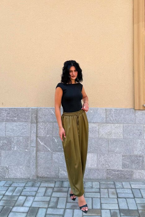 ONE COLOR SHINY BALLON WOMEN TROUSERS OLIVE/ULLI - 7