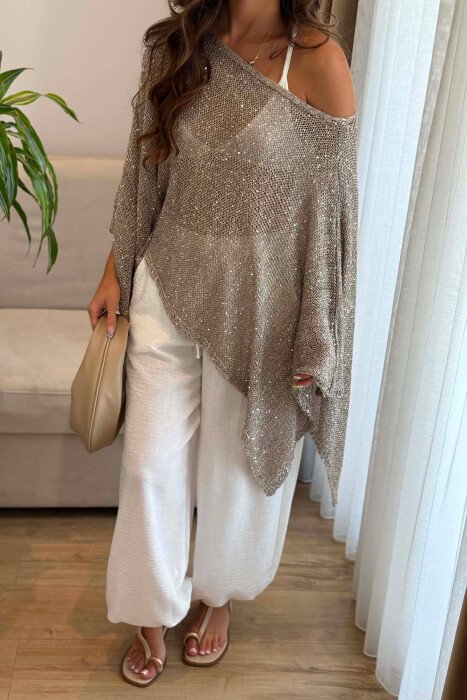 ONE COLOR SHINY BEACH KNIT COVER-UP BEIGE/BEZHE - 2