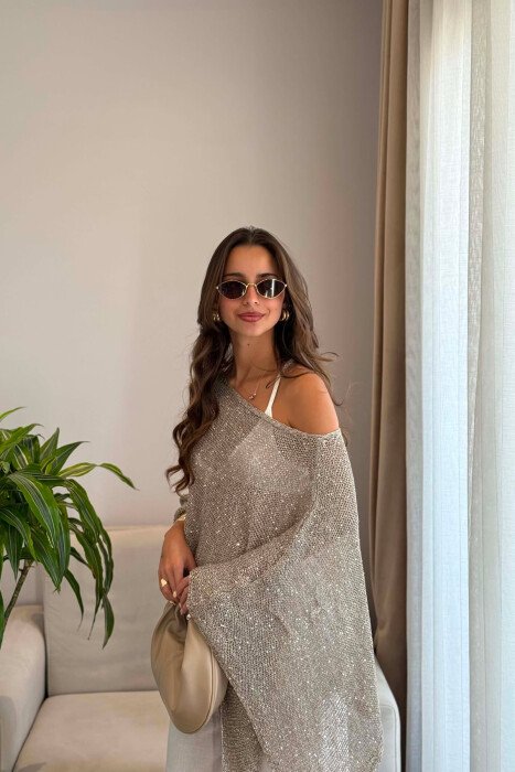 ONE COLOR SHINY BEACH KNIT COVER-UP BEIGE/BEZHE - 3