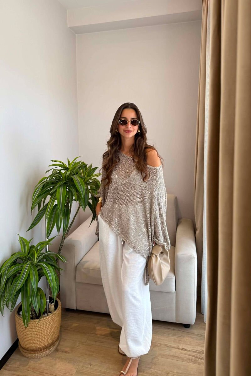 ONE COLOR SHINY BEACH KNIT COVER-UP BEIGE/BEZHE - 4