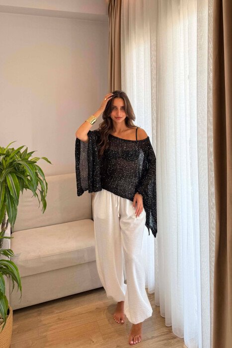 ONE COLOR SHINY BEACH KNIT COVER-UP BLACK/ E ZEZE - 5
