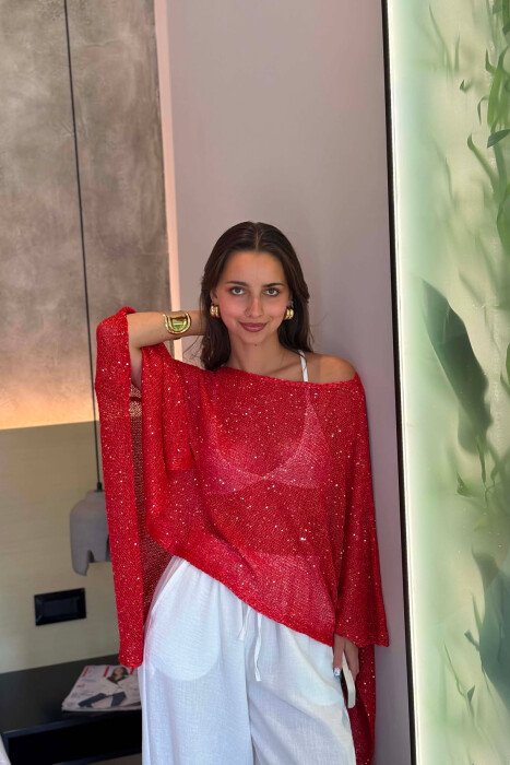ONE COLOR SHINY BEACH KNIT COVER-UP RED/E KUQE - 4