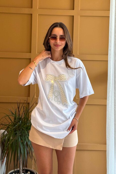 ONE COLOR SHINY BOW DETAIL WOMAN T-SHIRT WHITE-E BARDHE - KLAUDIO FASHION