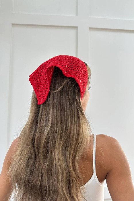ONE COLOR SHINY DETAIL WOMAN CROCHET BANDANA RED/E KUQE - KLAUDIO FASHION