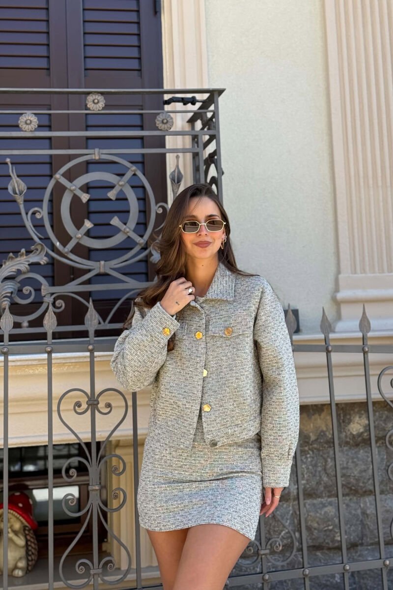 ONE COLOR SHINY DETAILS JACKET +SKIRT WOMAN SET GREY/GRI - 6