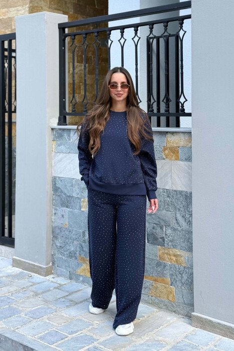 ONE COLOR SHINY DETAILS SWEATSHIRT +TROUSERS WOMAN SET BLUE/BLU - 2