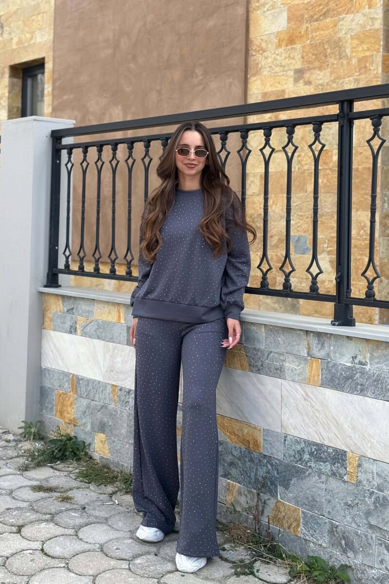 ONE COLOR SHINY DETAILS SWEATSHIRT +TROUSERS WOMAN SET DARK GREY/GEE - 1
