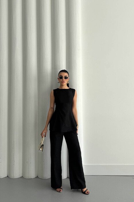 ONE COLOR SHINY DETAILS TROUSERS + TANK TOP WOMAN SET BLACK/ E ZEZE - 2