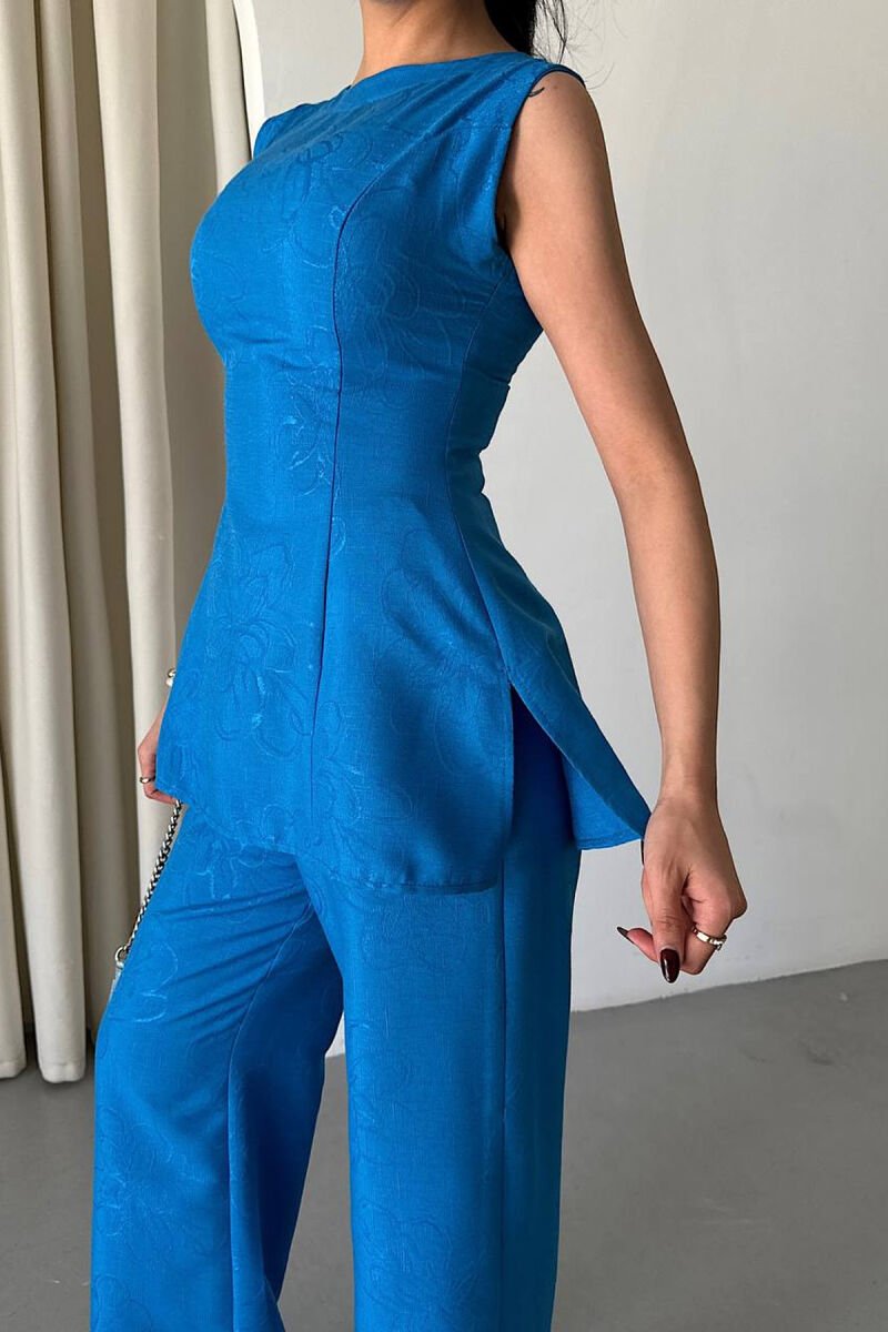 ONE COLOR SHINY DETAILS TROUSERS + TANK TOP WOMAN SET BLUE/BLU - 2