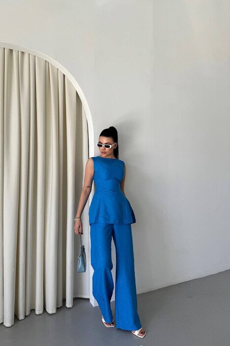 ONE COLOR SHINY DETAILS TROUSERS + TANK TOP WOMAN SET BLUE/BLU - 3